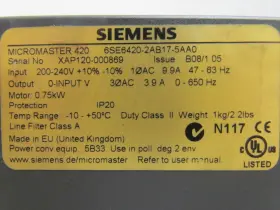 6se6420-2ab17-5aa0 Siemens Micromaster 420 Vfd Drive Unit 240vac 1ph 0.75kw #2