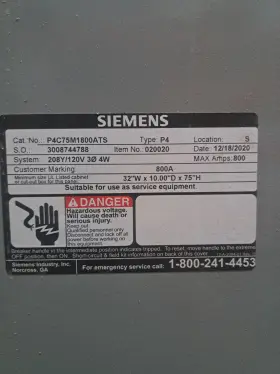 P4c75m1800ats Siemens Pnl N3r 800a 120/208v 3ph 4w With Mcb- Nmx3b800-n